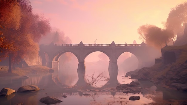 un puente que cruza un río con un poco de niebla sobre él en el estilo de la escuela de Heidelberg