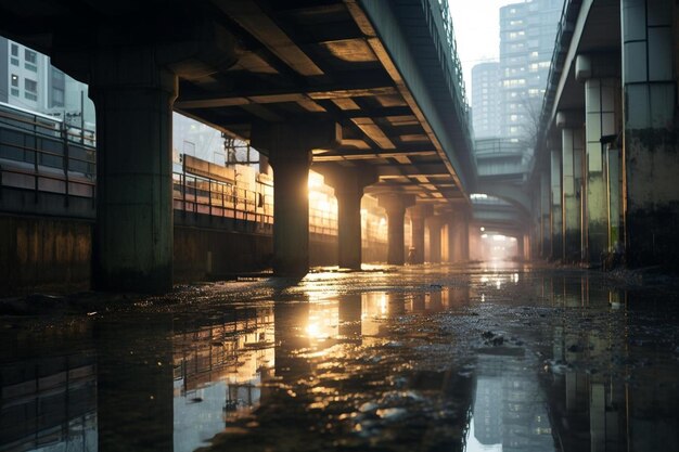 Foto un puente que tiene un reflejo de un edificio en él