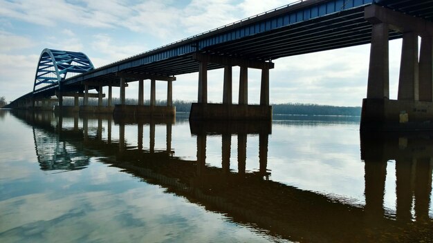 Puente reflejado en el río Mississippi contra el cielo