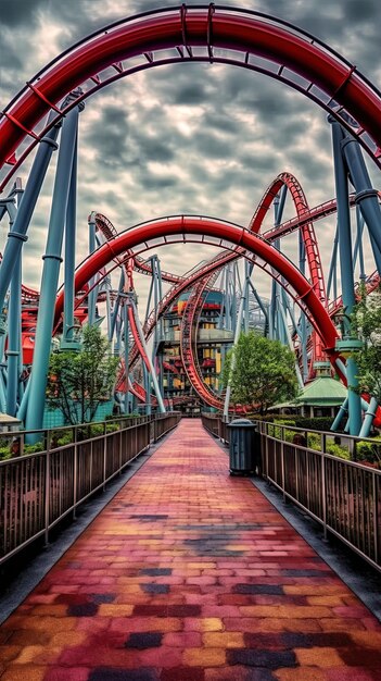 un puente rojo con un puente Rojo en el fondo.