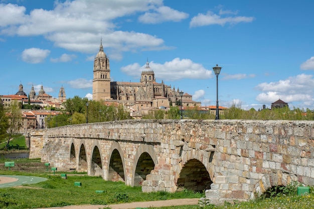 Puente romano sobre el río Tormes y al fondo las catedrales de Salamanca