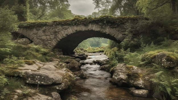 Un puente sobre un arroyo con un puente de piedra en primer plano.