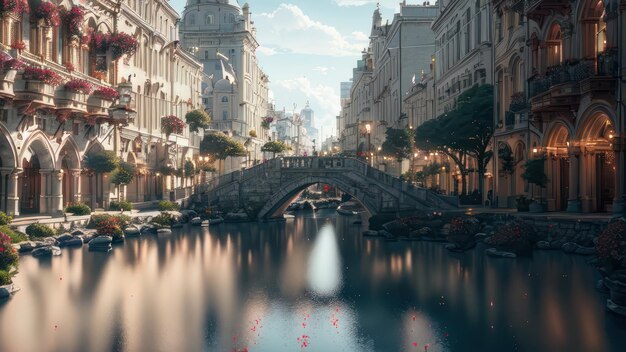 Un puente sobre un canal con un puente al fondo