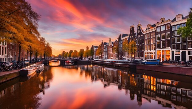 un puente sobre un canal con un puente y un cielo al atardecer