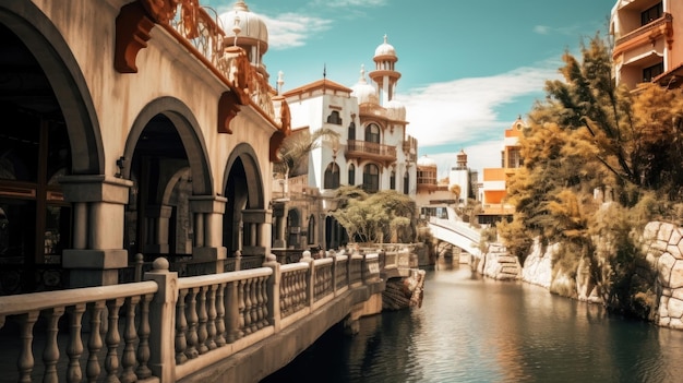 un puente sobre un canal con un puente en el fondo.