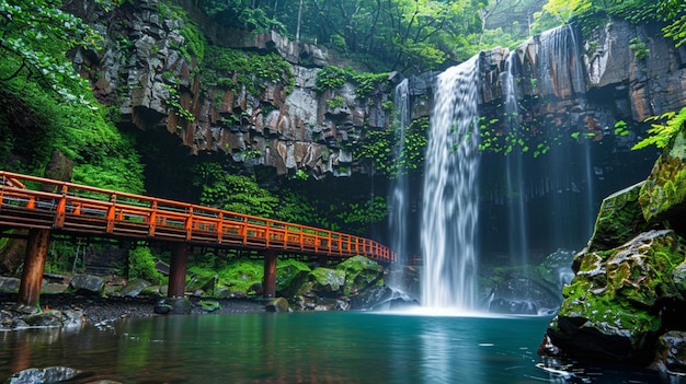 un puente sobre una cascada que tiene un puente en el fondo