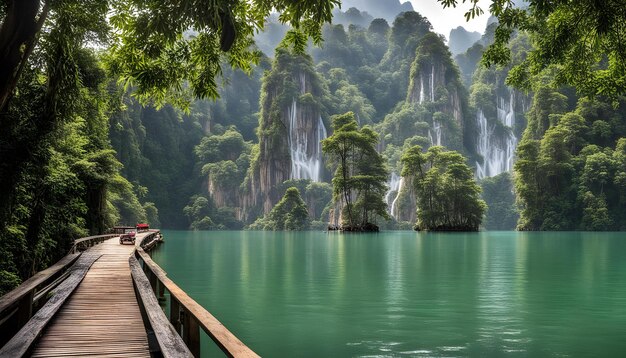 un puente sobre un lago con una cascada en el fondo