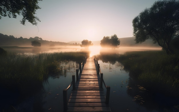 Un puente sobre un lago con un cielo brumoso de fondo.