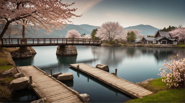 un puente sobre un lago con flores de cerezo en el fondo