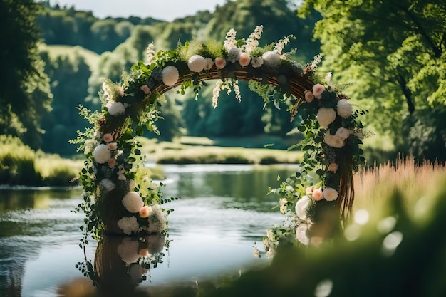 Foto un puente sobre un lago con flores en las ramas