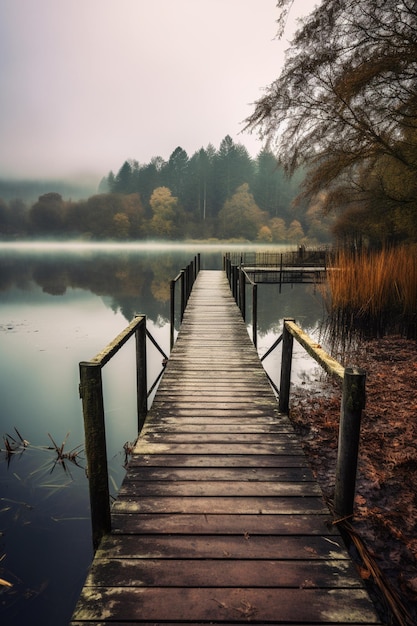 Un puente sobre un lago con un lago al fondo