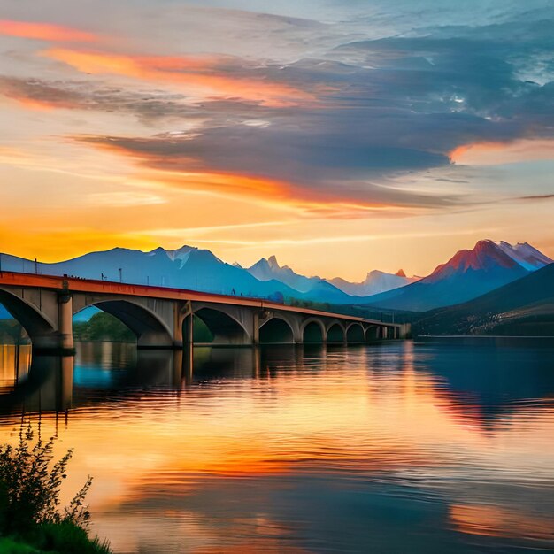 Un puente sobre un lago con montañas al fondo.