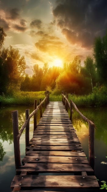 Un puente sobre un lago con la puesta de sol detrás de él