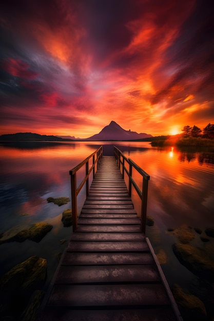 Un puente sobre un lago con una puesta de sol de fondo