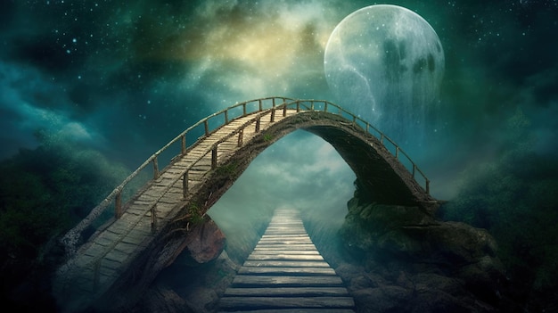 Un puente sobre una noche estrellada con la luna al fondo.