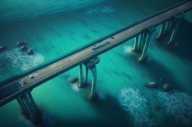 Un puente sobre el océano con un fondo azul y un puente con autos.