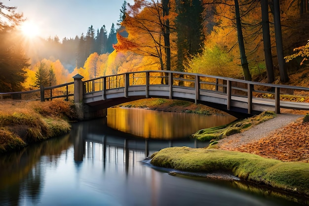 Un puente sobre un río con un bosque al fondo