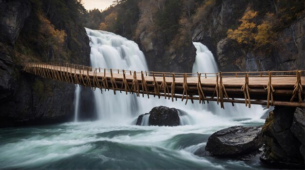 un puente sobre un río con una cascada en el fondo