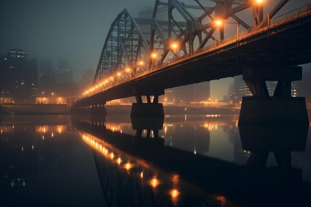 Un puente sobre el río con las luces encendidas.