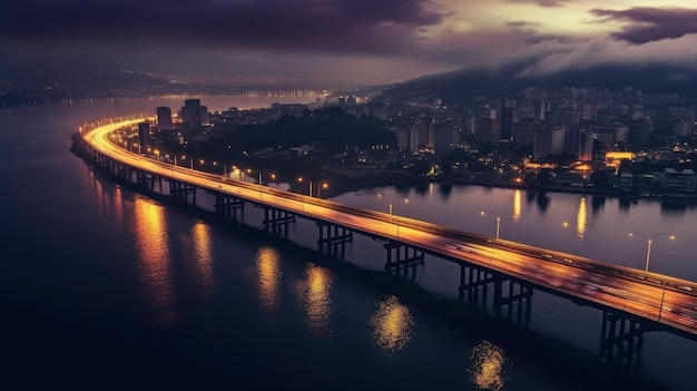 un puente sobre el río con las luces encendidas.