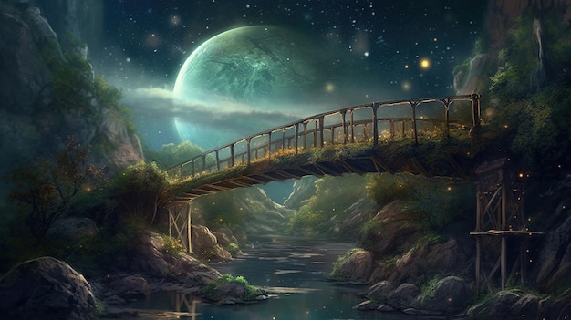 Un puente sobre un río con una luna llena en el fondo