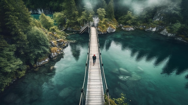 Un puente sobre un río con una montaña al fondo