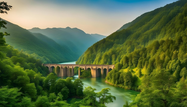 un puente sobre un río con una montaña en el fondo