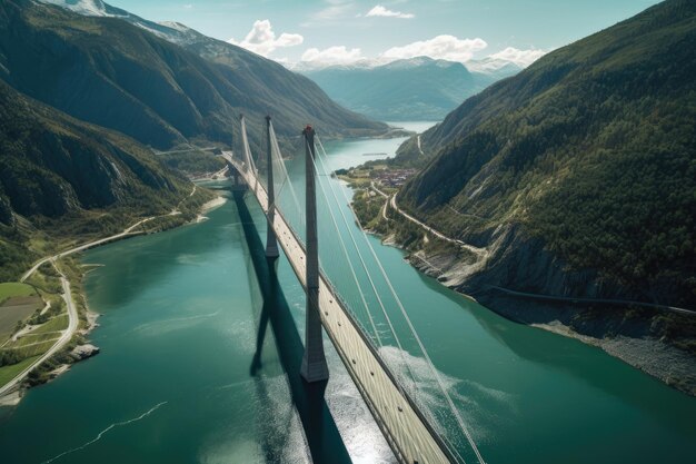 Un puente sobre un río con montañas al fondo