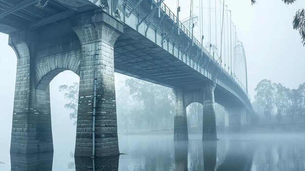 Un puente sobre el río en la niebla matutina atmósfera mística y misteriosa del paisaje IA