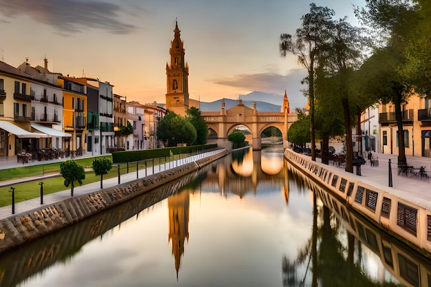 Un puente sobre un río con un puente al fondo