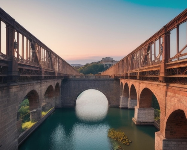 un puente sobre un río con una puesta de sol en el fondo