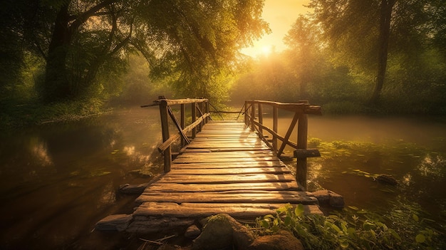 Un puente sobre un río con el sol brillando sobre él