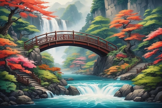 Puente tradicional rural al estilo de la acuarela japonesa.
