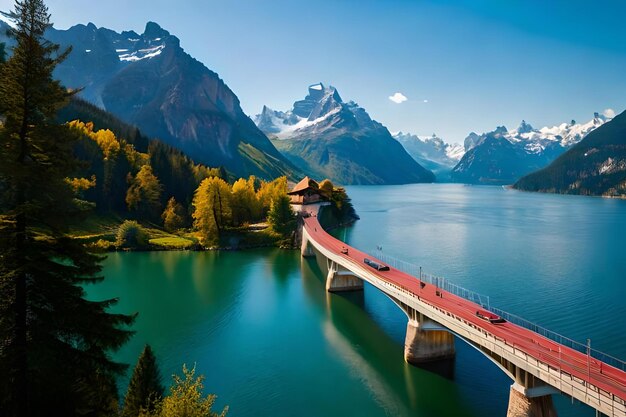 Foto un puente con un tren rojo y un puente al fondo.