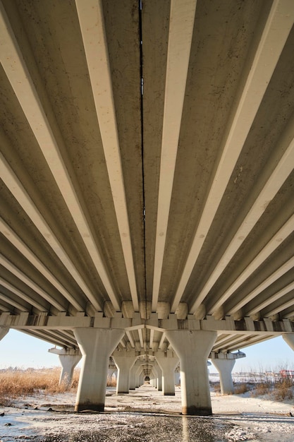 Puente de vehículos de motor de columnas y calzada de líneas suaves