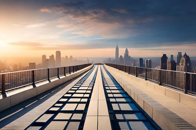 Un puente con vistas a una ciudad al fondo.