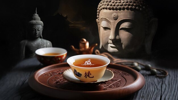 Puer-Tee mit Buddha-Statue auf dunklem Hintergrund traditioneller chinesischer Tee