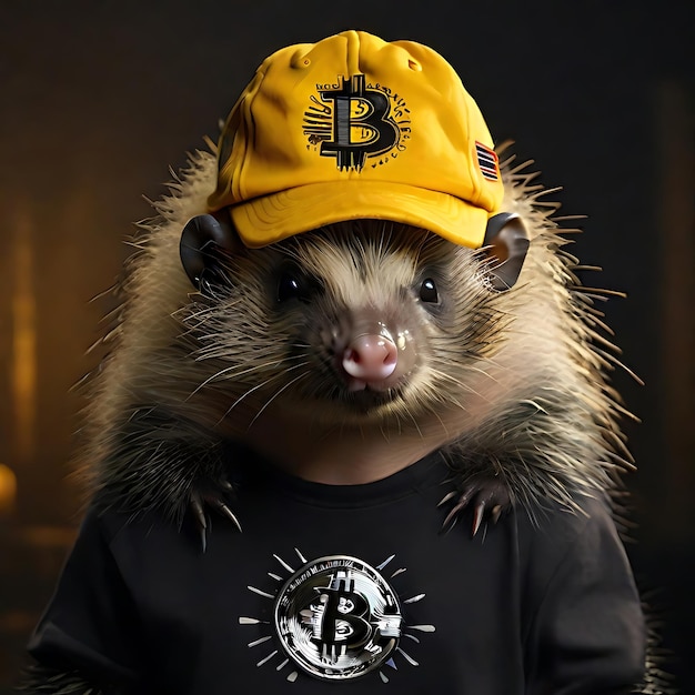 Foto un puercoespín de aspecto humano con una camisa libertaria y un sombrero de bitcoin ai