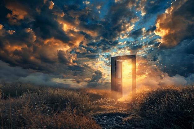 Puerta abierta en un campo con luz dorada derramándose a través de las nubes por encima de la imagen conceptual de una puerta al cielo