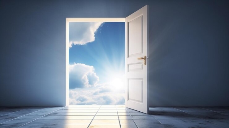 Puerta abierta con cielo azul y nubes generativas ai