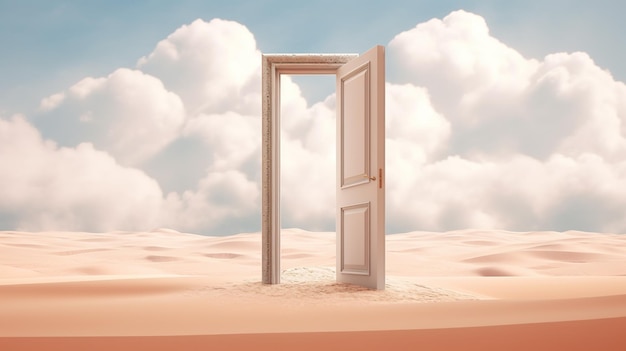 Una puerta abierta en medio de una imagen de ai generativa del desierto