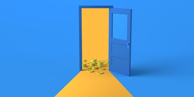 Foto puerta abierta con muchas monedas. copie el espacio. ilustración 3d.