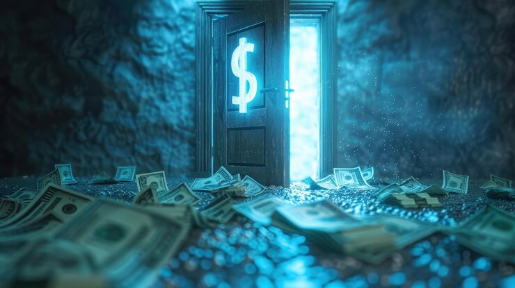 Puerta abierta con signo de dólar y dinero en efectivo que simboliza el éxito financiero y las oportunidades económicas