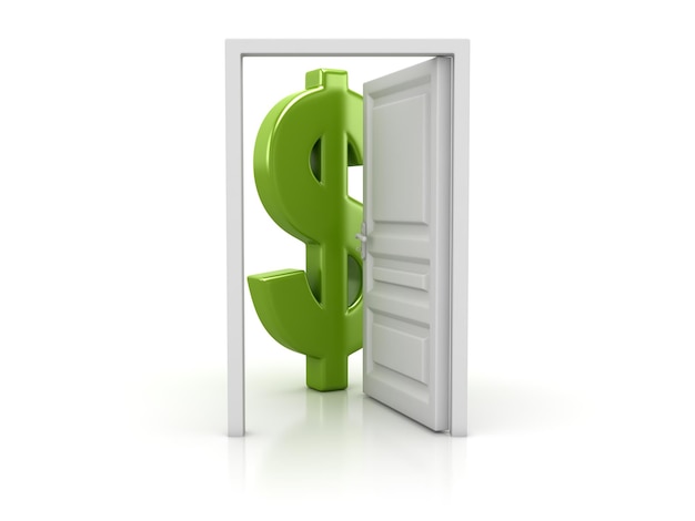 Puerta abierta y signo de dólar verde