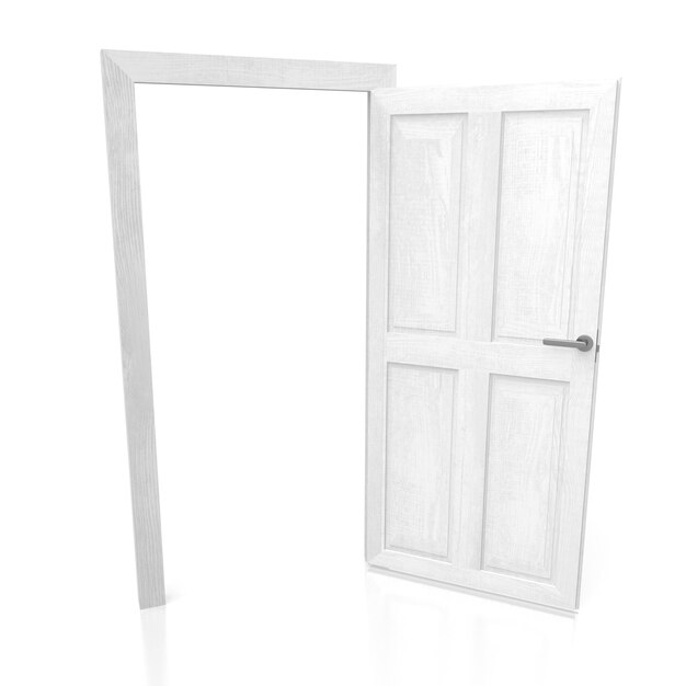 Puerta abierta sobre fondo blanco Ilustración 3D