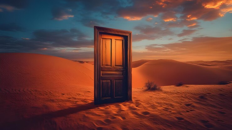 Una puerta abierta en un vasto paisaje desértico