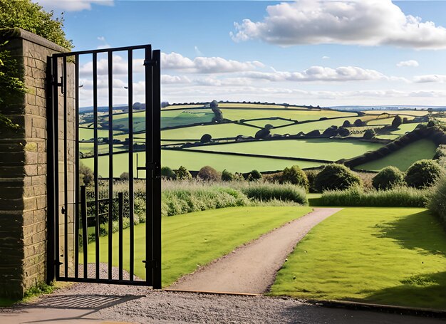 Una puerta abierta a una vista de la campiña inglesa