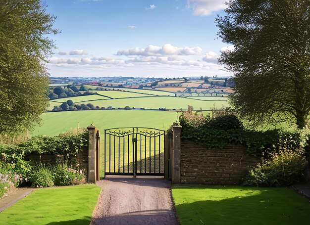 Una puerta abierta a una vista de la campiña inglesa