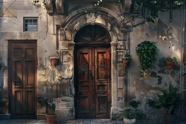 Puerta adornada en un antiguo callejón de la ciudad europea o