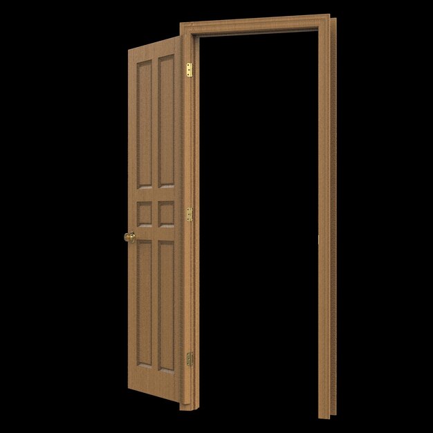 Puerta aislada de madera abierta representación de ilustración 3d de madera cerrada